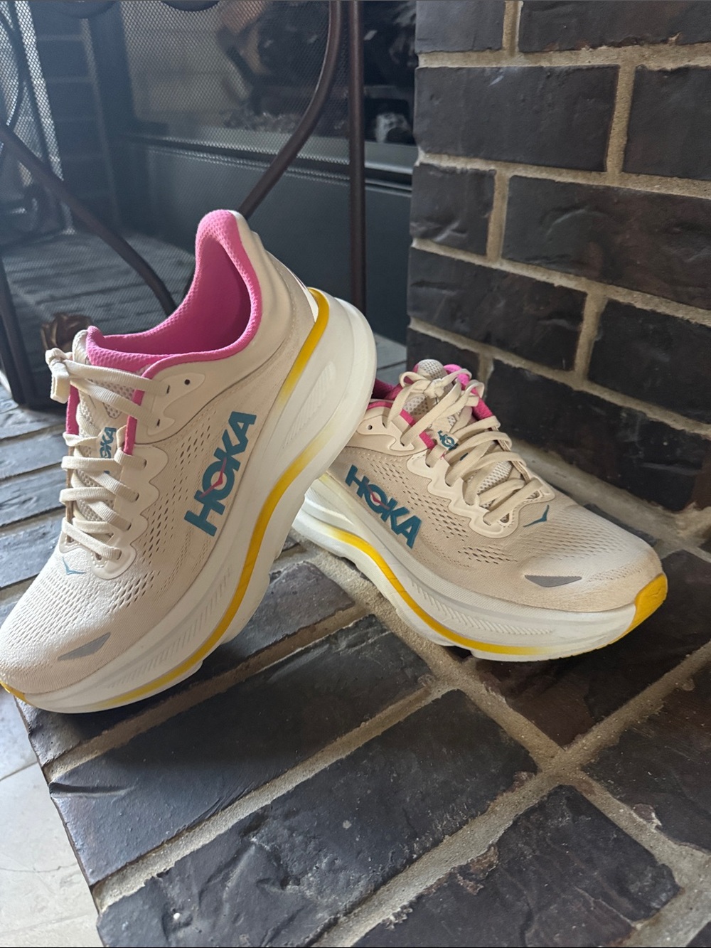 Hoka Bondi 9 Women's White, Pink & Yellow Athletic Running Shoes. Size 10B